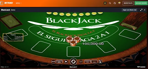 Mesa de blackjack abierta en modo de demostración, sin dinero real.