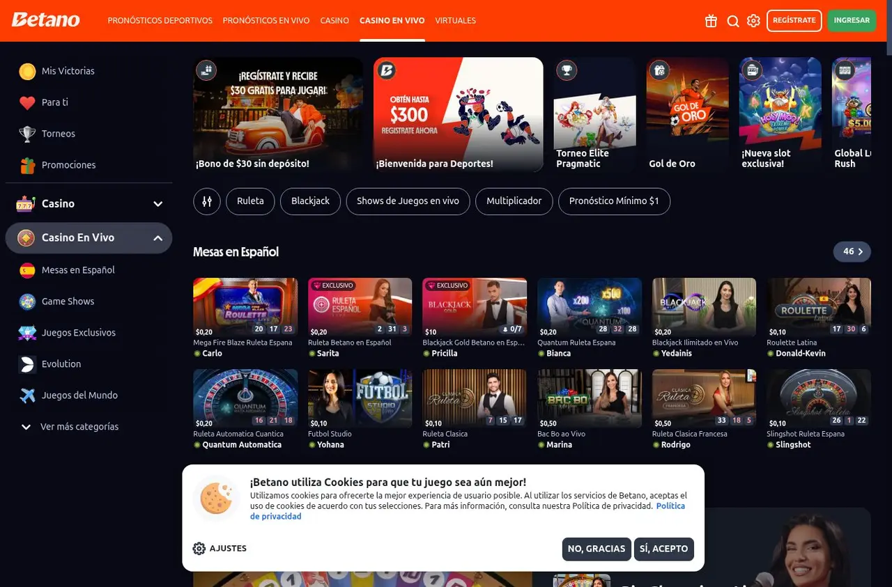 Casino en vivo con el bloque de mesas en español y filtros de ruleta y blackjack.