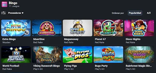 Categoría de bingo del casino con sus títulos listados.