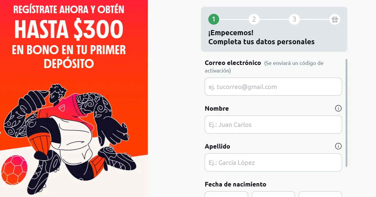 Primer paso del formulario de registro con correo, nombre, apellido y fecha de nacimiento.