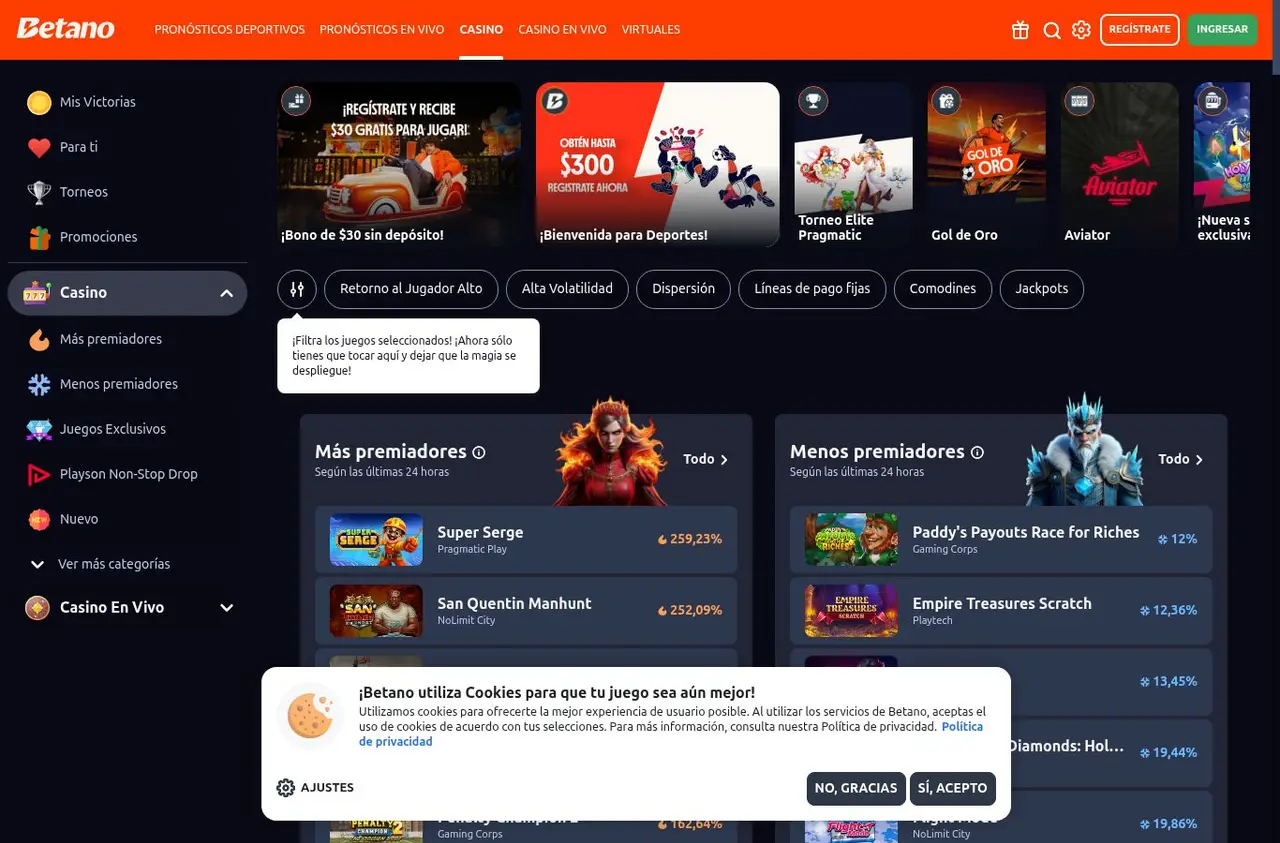 Lobby de casino con bloques de juegos y filtros por volatilidad y jackpots.