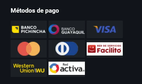 Listado de medios de pago con bancos ecuatorianos, tarjetas y redes de servicios.