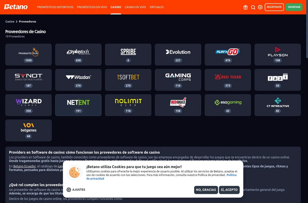 Página de proveedores de casino con diecinueve estudios y un contador de juegos por estudio.