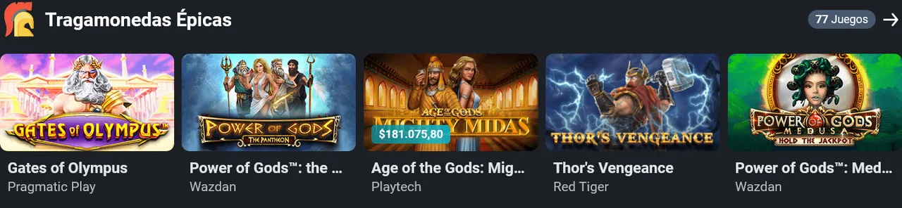 Fila de tragamonedas con el nombre del juego y su proveedor.