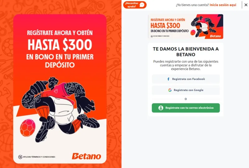 Ventana de alta con tres vías: Facebook, Google y correo electrónico.