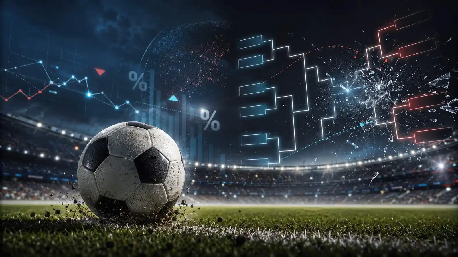 Balón sobre el césped de un estadio nocturno con un cuadro de llaves y líneas de datos dibujados encima en azul y rojo.