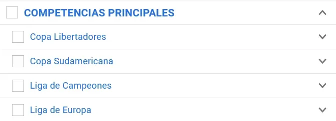 Panel plegable rotulado competencias principales con cuatro filas: Copa Libertadores, Copa Sudamericana, Liga de Campeones y Liga de Europa.