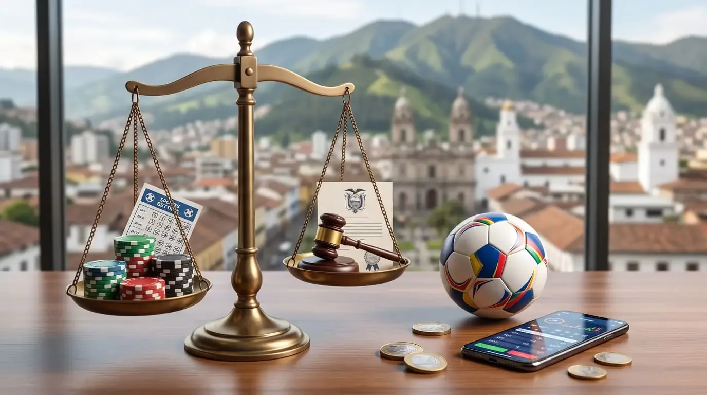 Balanza de bronce con fichas de casino en un platillo y un mazo en el otro, junto a un balón y una tableta, con una ciudad andina al fondo.