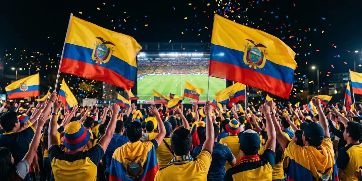 Aficionados de espaldas agitando banderas amarillas, azules y rojas frente a un campo iluminado de noche.